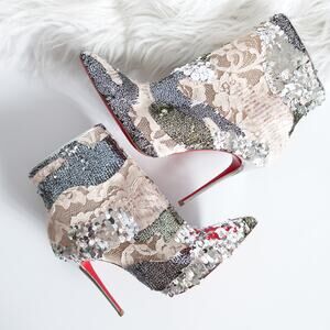 Christian Louboutin GipsyBootie Silver Sequin Cream Lace Heeled Ankle Boots 36.5